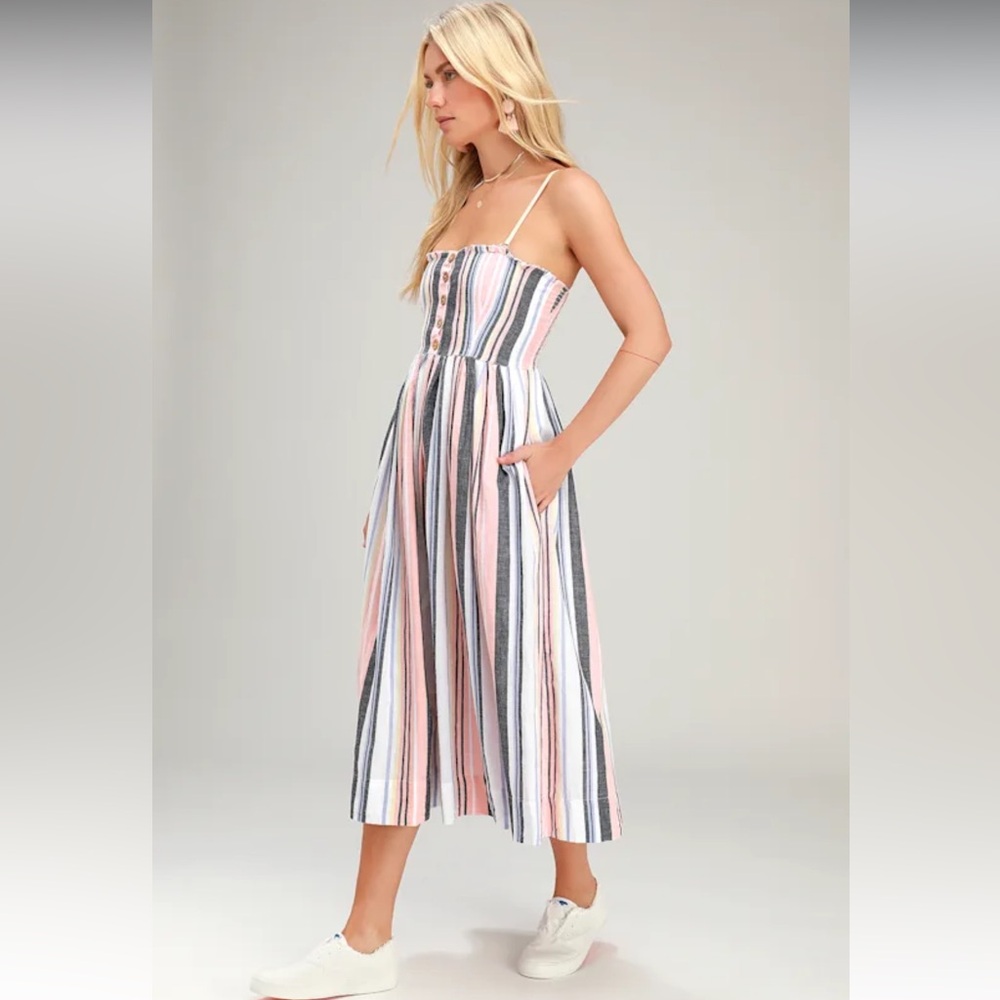 Lilah Multi Striped Pleated Midi Dress -Free People size L - Picture 2 of 9